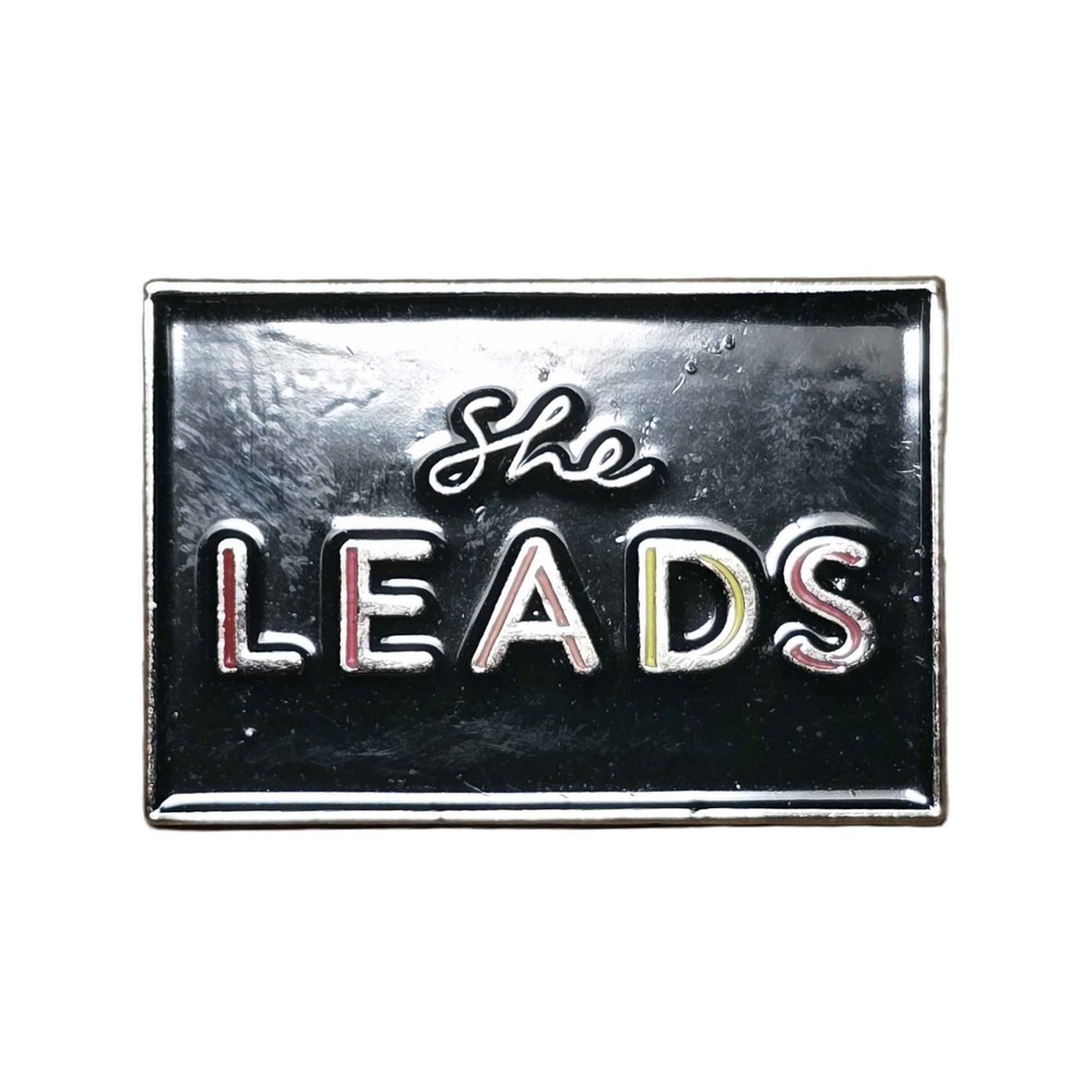 She Leads Empowerment Slogan Rectangular Enamel Lapel Vest Hat Pin K3